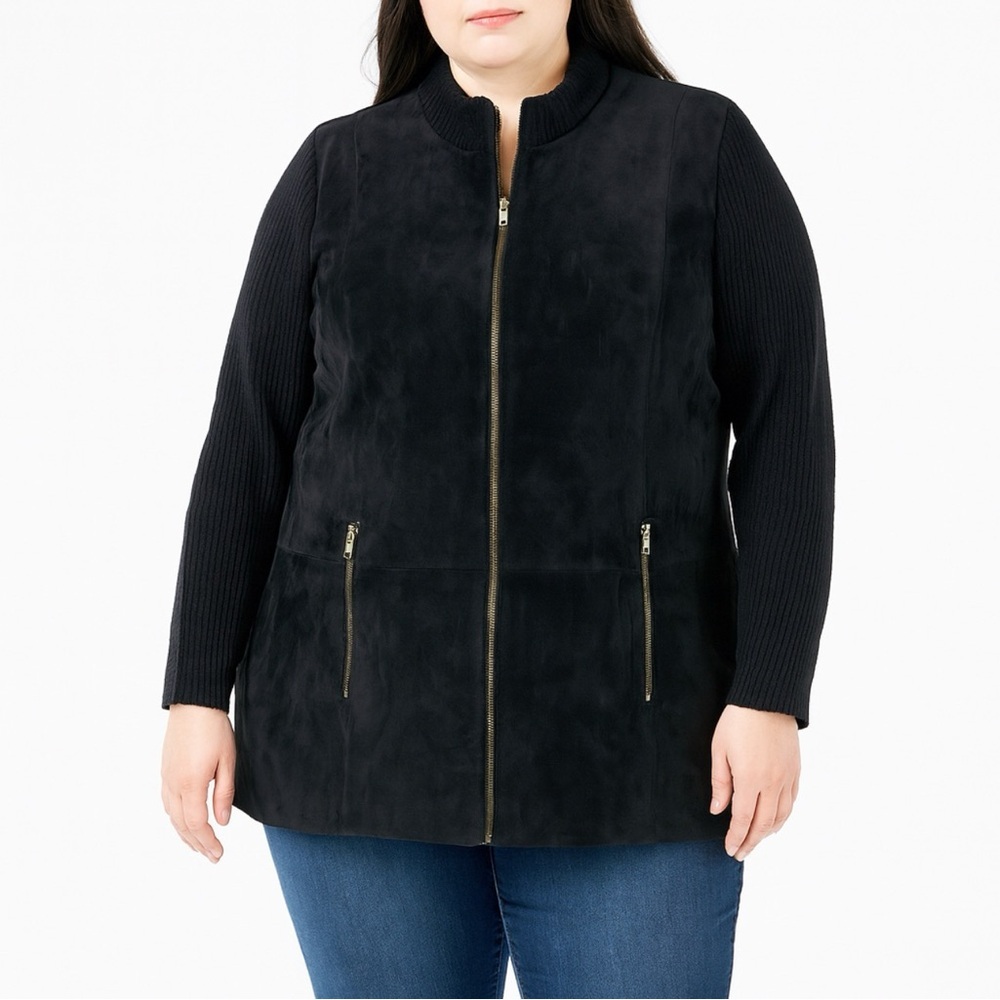 J.G. Hook Black Suede Leather Zip Front Jacket 24W Knit Sleeves Cardigan 0010